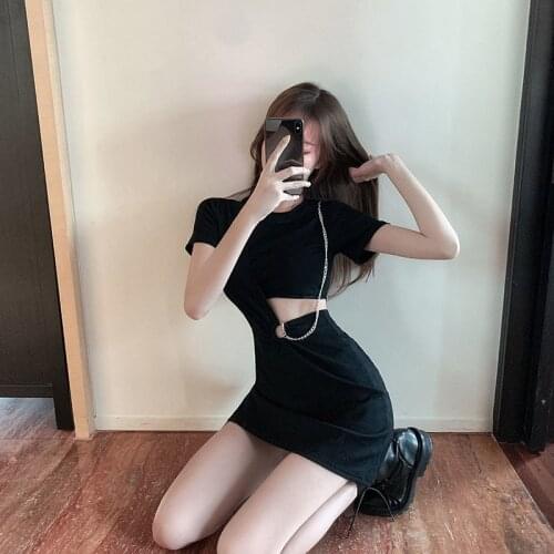French Style 2021 Spring Summer New Female Slim Casual Niche Black Chain Tight Sexy Dress