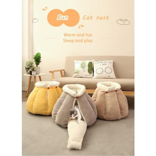 Winter Thick Cat Bed Warm Pet Nest Closed Pumpkin Cat Nest Bun Cat Bed Cute Cat House Velvet Pet Supplies Deep Sleep Cat Bed