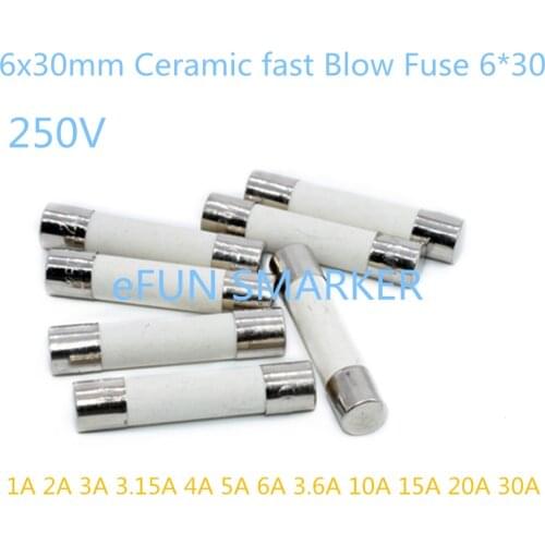 6x30mm Ceramic fast Blow Fuse 6*30 0.5A 1A 1.5A 2A 2.5A 3A 3.15A 4A 5A 6A 7A 8A 10A 12A 15A 20A 25A 30A 250v Ceramic Tube Fuses