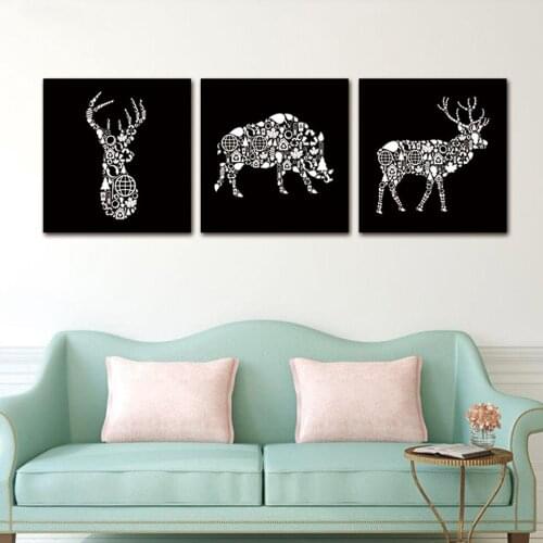 Diy 5d diamond Painting full square round 3pcs Black White Deer Head Boar Art Abstract Triptych diamond embroidery stickerZP-559