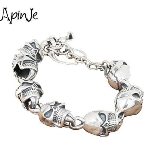 Apinje Skull Bracelet Men 925 Sterling Silver Bracelet Bangle Punk Jewelry