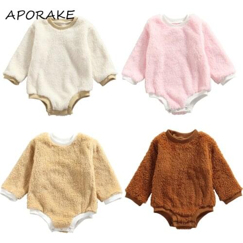 2021 0-24M Baby Autumn Rompers Boys Girls Winter Plush Splicing O-Neck Solid Long-Sleeves Jumpsuit Playsuit with Crotch Buttons