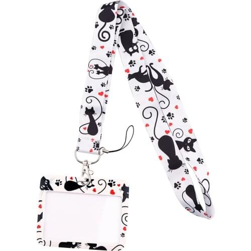 JF652 Black Cat Lanyard for Key Camera Whistle Cool ID Badge Holder Cell Phone Neck Strap Hanging Rope Gift Mobile Phone Straps