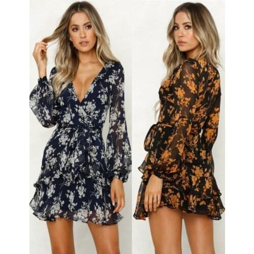 Kalenmos Chiffon Puff Sleeve Dresses Womens New Fashion Flower Print Sexy V-neck Translucent Thin Loose Stacked Skirt Dress
