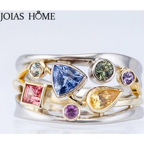 JoiasHome Silver 925 Rings Fine Jewelry for Women Multi Color Gemstones Geometric Design Ladys Ring With Zircon Wavy Line Party