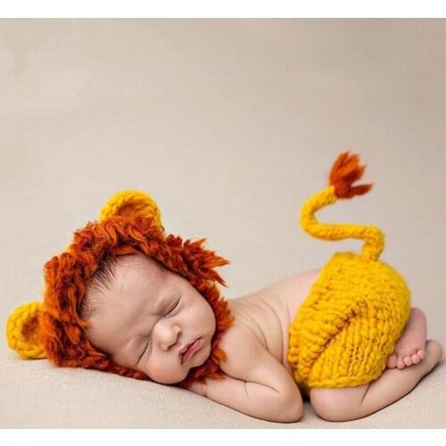 Newborn baby photography cute lion outfit crochet hat pant baby photo props infant fotografia accessories costume new born shoot