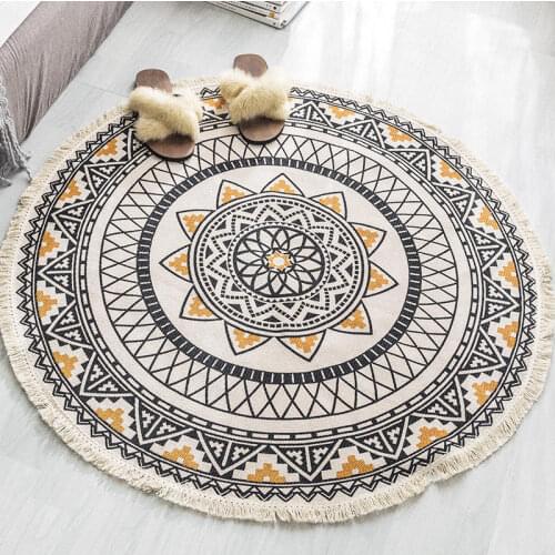 Mandala Retro Cotton Linen Round Carpet For Living Room Modern Bedroom Anti Slip Round Boho Carpet Home Rugs With Tassel Floor