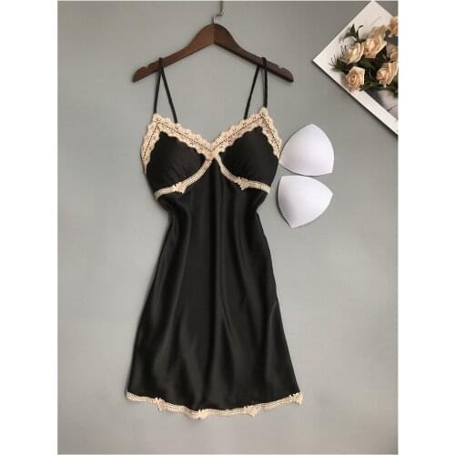 Lace Patchwork Female Spaghetti Strap Nightgown Satin Sexy Nightdress Lingerie Kimono Bathrobe Gown Casual Home No chest pad