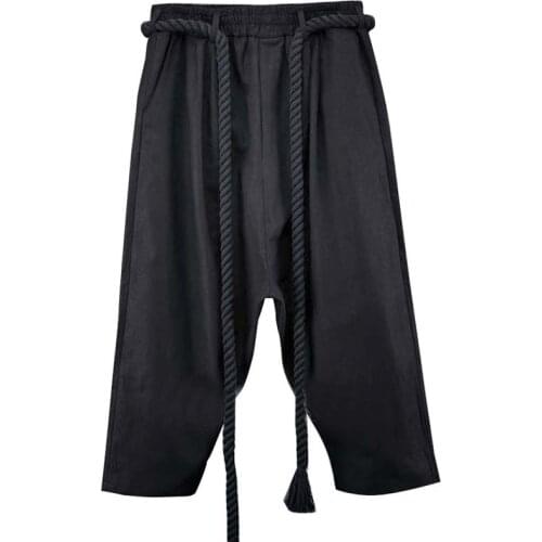 Men gothic hip hop punk linen harem pants with waist rope men black baggy pants joggers nightclub DJ singer stage costume