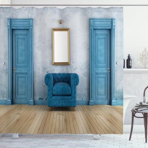 Antique Shower Curtain Set Blue Doors and a Antique Armchair Curtain for Bathroom Decor 12 Hooks Decorative Bath Accessory