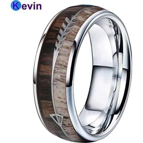 Natural Dear Antler Ring Men Women Tungsten Wedding Rings With Zebra Wood Antler Arrows Inlay 8MM Comfort Fit