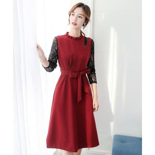 Office Lady Women Lace Dresses Summer Patchwork Vestidos With Bow Black Long Sleeve Long Dresses Wine red Mujer