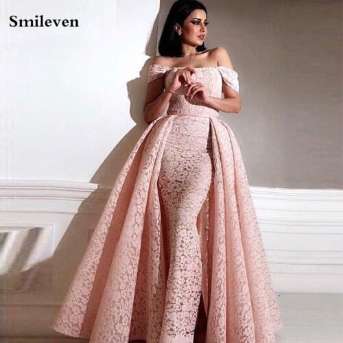 Smileven Lace Pink Moroccan caftan Off The Should Evening Dress With Detachable Train Sexy Formal Party Dress