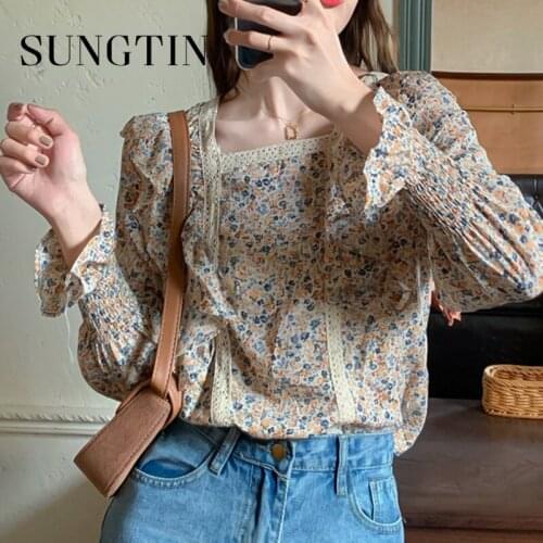 Sungtin Casual Sweet Korean Chic Blouse Shirt Women Spring Print Vintage Flower Shirts Female Elegant Soft Tops Ruffles 2021 New