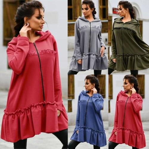 Sweatershirt Zipper Cardigan Dress Lace Pleated Hem Midi Dresses Autumn and Winter Plus Velvet Warm Long Sleeve Suits Dress 2021