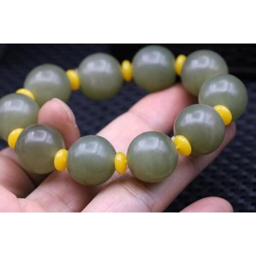Unique Royal Chinese Nephrite Hetian Green Jade 19mm Bead Bracelet