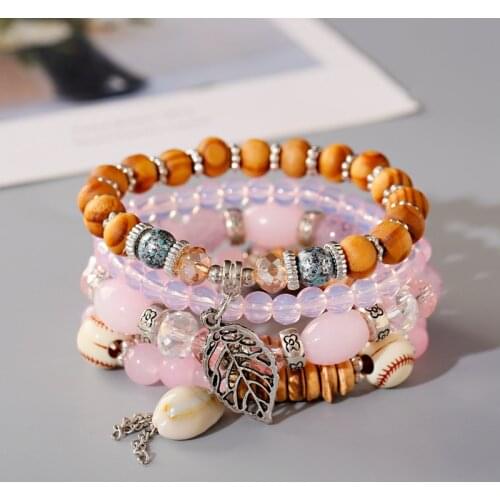 Vintage Boho Pink Stone Beaded Bracelet Set For Women Ethnic Wood Shell Silver Color Leaf Pendant Bracelet