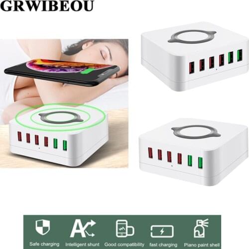 Grwibeou 72W USB Charger 10W Wireless Charger Quick Charge 3.0 6 Port Fast Mobile Phone Charger for Apple Phone 12 S10 S9