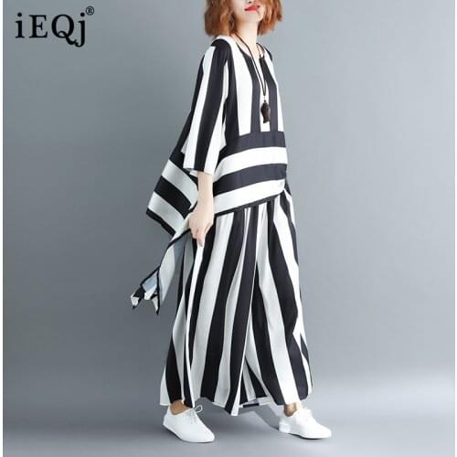 [IEQJ] 2021 New Summer Women Round Collar Irregular Loose Hem Stripe Shirt Elastic Suit Casual Waist Two Piece Set BL641