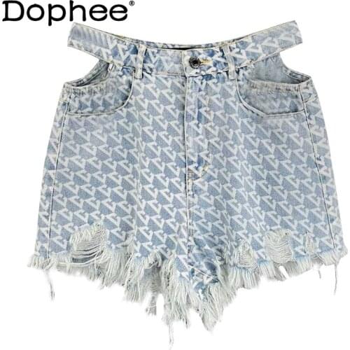 Retro Printed Hollow Out Denim Shorts Womens High Waist Slimming A- Line Frayed Outer Short Jeans Hot Pants 2021 Summer Bottoms