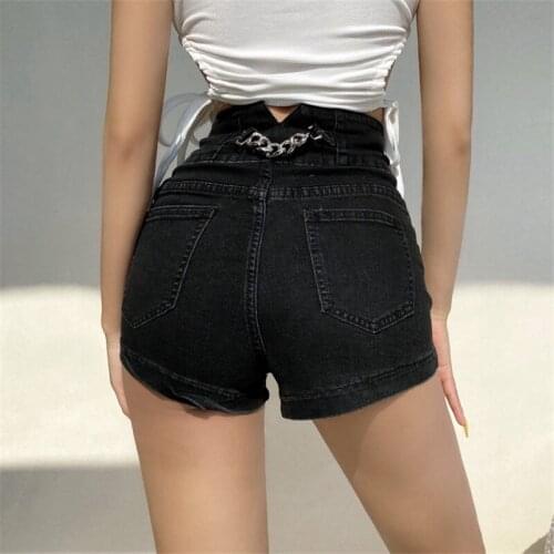 2021 High Waist Slim Denim Shorts Bermuda Women Y2K Summer Solid Black Pockets Hip Hop Sexy Back Chain Jeans Shorts Female P032