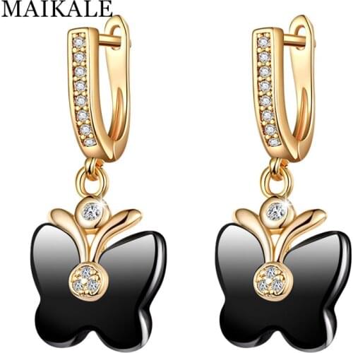 MAIKALE Cute Butterfly Shape Ceramic Earrings Cubic Zirconia Golden/ Dangle Drop Earrings for Women Fashion Jewelry Gifts