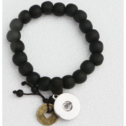 2PC Lucky Black Wood Beads Coin Buddhist Prayer Bracelet Unisex Bead Buddha Bracelet 18mm Snap Metal Button Charm Bracelet