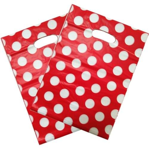 25x35cm 50pcs/lot White Big Dots Red Plastic Gift Bag Big Clothing Boutique Packaging Plastic Shopping Bags With Handle