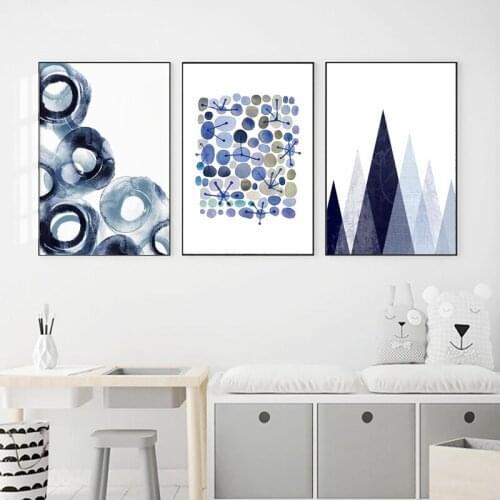 Abstract Circles Posters Watercolour Canvas Painting Navy Blue Modern Geometric Wall Art Pictures for Study Living Room Decor