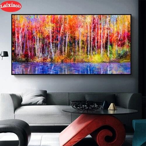 Diamond Painting Abstract art, colorful forest trees Full Square DIY Diamond Embroidery Cross Stitch Mosaic round Home Decor