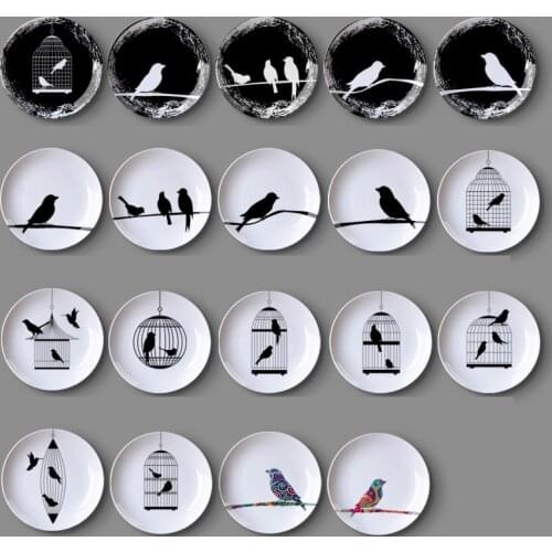 Black and White Bird Ceramic Hanging Plate Wall Decorative Dish Home Decor Crafts Hanging Room Decoration