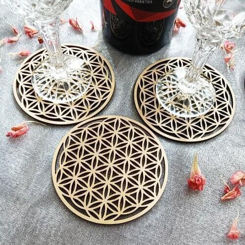 Flower of Life wooden coaster crystal grid drink holder wooden gift water coordinator Spiritual Wooden Drink beer wine coaster