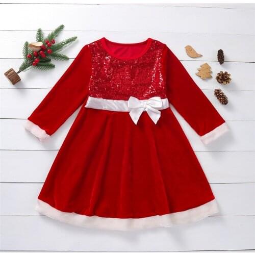 1-6 Years Baby Girls Christmas Red Dress Toddler Patchwork Sequins Bow Decoration Round Collar Long Sleeve A-Line Princess Dress