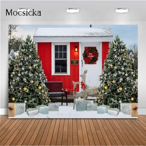 Snow Winter Christmas Tree Photography Backdrop Small House Background for Photo Studio Photocall Newborn Kids Portrait Props