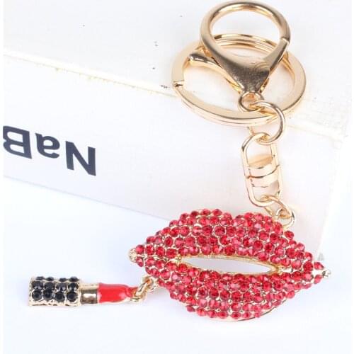Red Lip Lipstick Pendant Charm Rhinestone Crystal Purse Bag Keyring Key Chain Accessories Wedding Party Lover Gift