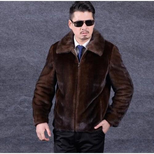 Lapel faux mink leather jacket mens winter thicken warm fur leather coat men slim jackets autumn jaqueta de couro fashion brown