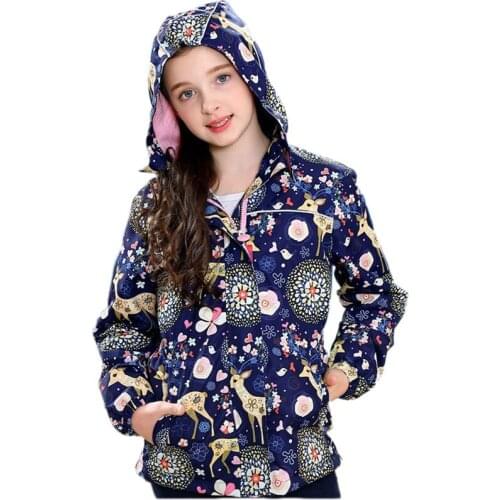 Fashion girl outdoor jacket floral print fur inside hooded jacket for 3-10years girls child thick windproof clothes outerwear