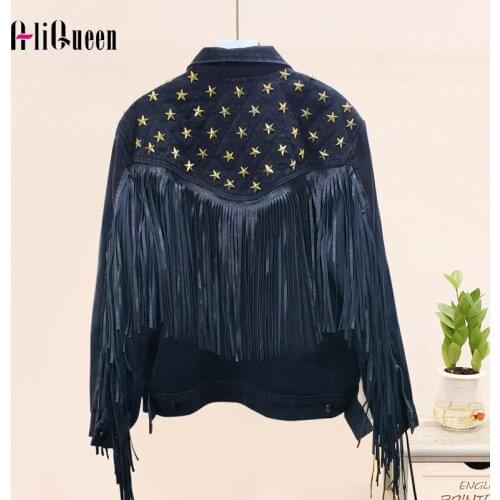 Women Punk Style Cool Denim Jacket Womens Jackets and Coats Streetwear Stars Rivet Long Tassel Short Batwing Jean Coat Outerwear