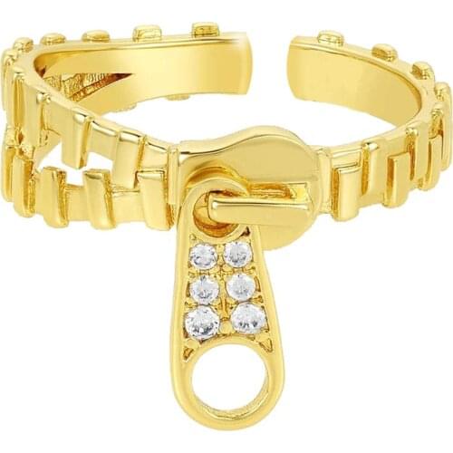 Brass With 18 K Gold AAA Zircon Zipper Rings Women Jewelry Punk Designer Club Cocktail Party Japan Korea Fashion