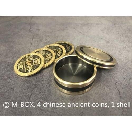 M-BOX By Jimmy Fan (4 Chinese Ancient Coins+1 Shell) Coin Magic Tricks Appear Penetrate Magia Illusion For Professional Magician