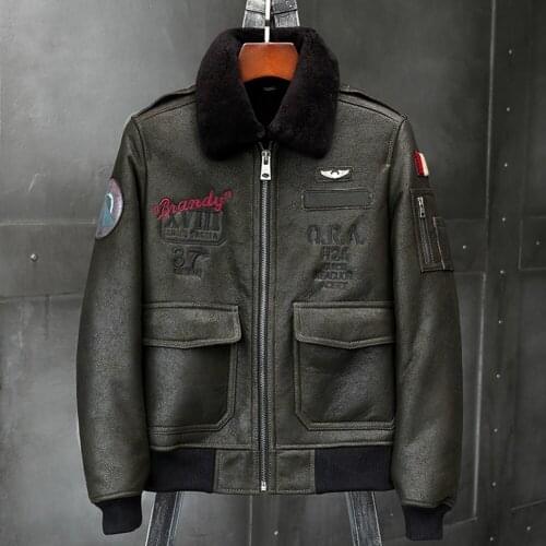 2019 New Mens Green Shearling Jacket Leather Jacket Fur Coat B6 Airforce Flight Jacket Mens Winter Coats