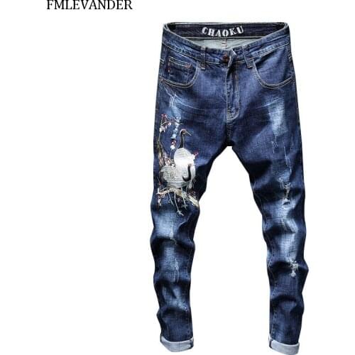 2019 New Fashion Mens Jean Stretch Embroidery Skinny Jeans Men