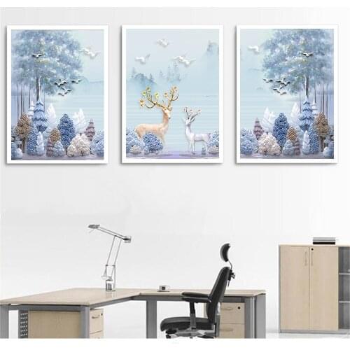 3 Panels Abstract Painting Nordic Style Deer Forest Canavs Poster Wall Pictures for Living Room Coffee Wall Art Print Home Decor