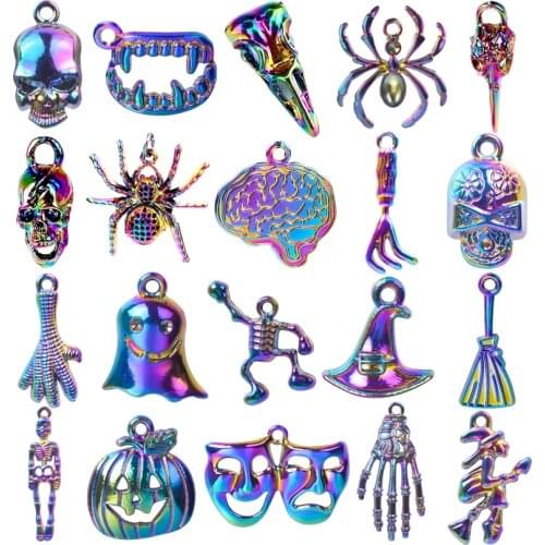 Halloween Charms For Jewelry Making Supplies Rainbow Vintage 20pcs Skull Punk Accessories DIY Necklace Earring Anklets Materials