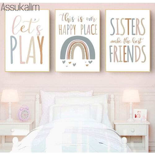 Rainbow Poster Baby Nursery Wall Art Canvas Painting Sisters Friends Art Print Nordic Wall Pictures For Baby Bedroom Decoration