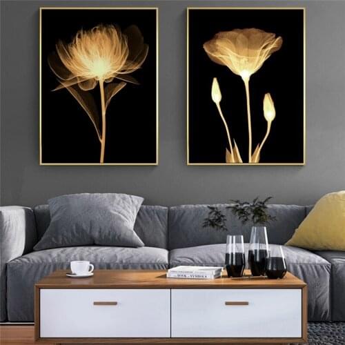 Light Yellow Flowers Canvas Paintings Abstract Flowers On Black Groud Wall Art Posters Modern Art Pictures For Living Room Decor