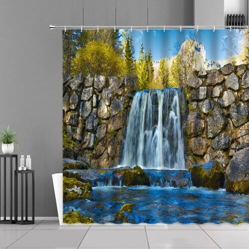 Waterfall Scenery Shower Curtain Stone Natural Forest Green Landscape Home Bathroom Decoration Curtains Waterproof Bath Screen