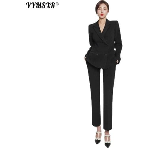 High-quality Womens Suit Business Wear Autumn and Winter 2021 New Double-breasted Ladies Jacket Slim High Waist Trousers