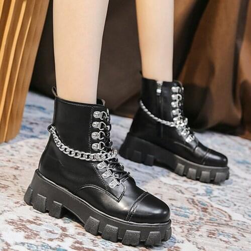 2021 Women Ankle Punk Boots females Flat Platform Metal Chain Decoration Side Zipper ladies high quality Shoes comfort Fashion