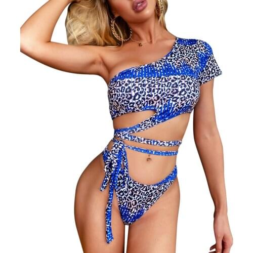 2Pcs Women Summer Swimwear Solid Color/Leopard Printed One Shoulder Crop Top High Waist Panty Bikini Set for Girls